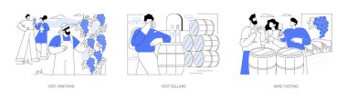 Wine tour isolated cartoon vector illustrations set. Group of diverse people visit vineyard, speak to winemaker, tour to cellars, tasting experience, gastronomy trip vector cartoon.