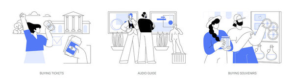 Visiting a museum isolated cartoon vector illustrations set. Buying tickets, city trip, couple listen to audio guide, wearing headset, art gallery exhibition, people buying souvenirs vector cartoon.