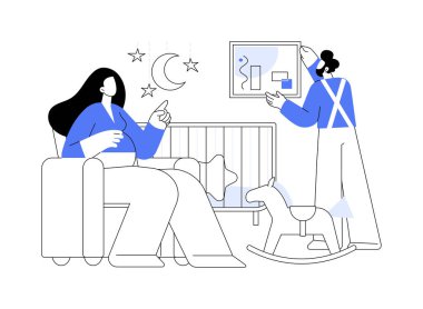 Bebek odası tasarımı karikatür vektör çizimleri. Genç ebeveynler çocuk odasında onarım yapıyor, modern ebeveynlik, bebek bekleyen aile, doğum hazırlama karikatürü..