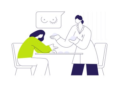 Göğüs cerrahisi danışmanı soyut konsept vektör çizimi. Kadın mastektomi ameliyatından önce danışmanlık yapıyor, hastanede doktorla görüşüyor, tıbbi muayene soyut metaforu kullanıyor..