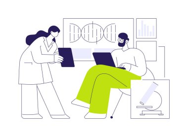 Genetik analiz yazılımı soyut konsept vektör çizimi. Genetik analiz uygulaması, doğal bilim, biyoloji ve kimya sektörlerini kullanan bir grup laboratuvar çalışanı soyut metafor.