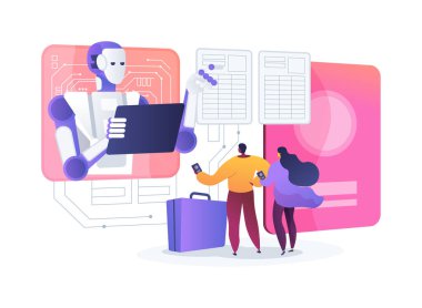 Göçmenlik Hizmetleri 'nin soyut konsept vektör çizimi. Hükümet ve Kamu Hizmetleri. Göçmenlik süreçlerini ve belgelerini yapay zeka araçlarıyla düzene sokun. soyut metafor.