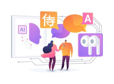 AI Real-Time Çeviri Kulaklıkları soyut konsept vektör illüstrasyonu. Gezginler konuşmalar sırasında gerçek zamanlı dil çevirisi için yapay zeka kulaklıkları kullanırlar. soyut metafor.