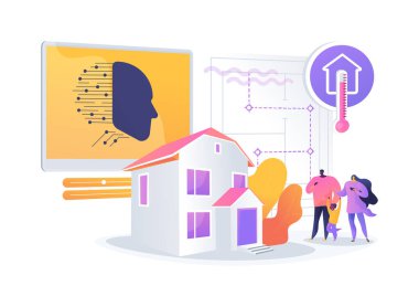 AI Smart Thermostats soyut konsept vektör çizimi. Ev sahipleri sıcaklık tercihlerini öğrenen yapay zeka termostatları kullanır ve ısıtma soğutmasını otomatik olarak soyut metaforla ayarlarlar..