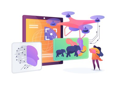 AI Çevre İzleme Dronları soyut konsept vektör illüstrasyonları. Çevreciler, vahşi yaşamı ve ekosistemleri uzaktan izlemek için yapay zeka araçları kullanırlar. soyut metafor.