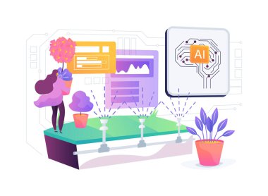 AI Smart Garden Yönetimi soyut konsept vektör çizimi. Bahçıvanlar toprak koşullarını izlemek ve sulama saatlerini otomatik hale getirmek için yapay zeka sistemleri kullanıyorlar. soyut metafor.