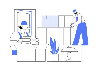 İzole edilmiş karikatür çizimleri. Apartmanda tam hizmet taşıyıcıları, çeşitli kutular, küçük işletmeler, ulaşım endüstrisi vektör karikatürü.