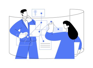 İş fikri karikatür vektör çizimlerini izole etti. Çeşitli insanlardan oluşan bir grubun yeni bir iş fikri var, ofiste toplantı, bilişim başlatma tartışması, beyin fırtınası, işbirliği süreci vektör çizimi.