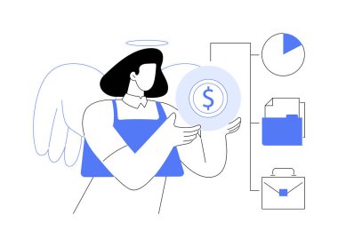 İş meleği karikatür vektör çizimlerini izole etti. Gülümseyen melek yatırımcı, gayri resmi yatırımcı, bir iş bilişim girişimi için sermaye sağlıyor, finansman ve fikir vektörü karikatürü.