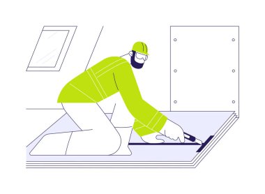 Soyut konsept vektör illüstrasyonunu kesiyorum. Profesyonel müteahhit alçıpanı ölçüyor ve kesiyor, ev inşa süreci, apartman onarımı, inşaat hizmetleri soyut metaforu.