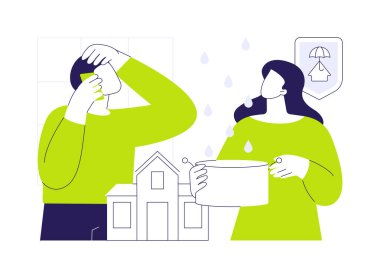 Ev garantisi soyut konsept vektör çizimi. Genç çift, yeni evin çatısının sızdırılmasından endişe ediyor. İnsanlar teftiş hizmeti istiyor. Ev garantisi, soyut metafor..