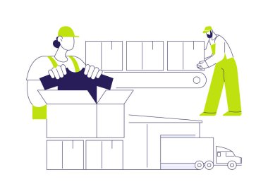 Kıyafet ambalajı soyut konsept vektör çizimi. Kutulara, hafif sanayiye, tekstil ve kumaş sektörüne kıyafet paketleyen bir grup fabrika işçisi, soyut metafor üretimi.