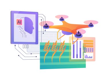AI-Geliştirilmiş Ekin İzleme Soyut konsept vektör çizimi. Tarım. Uydu ve insansız hava aracı görüntülerinin yapay zeka analizi ile ürün sağlığını ve büyümesini izle. AI Teknoloji. soyut metafor.