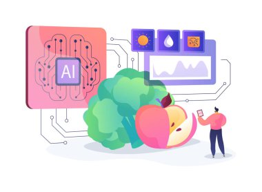 Al-optimize Ekin Verimi Tahminleri soyut konsept vektör çizimi. Tarım. Hava durumu ve toprak durumuyla ilgili yapay zeka öngörüsüyle tahmini ürün verimi. AI Teknoloji. soyut metafor.