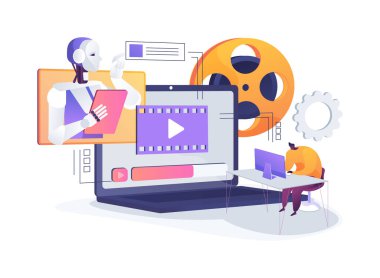 Geliştirilmiş Yapım Sonrası soyut konsept vektör çizimi. Eğlence. Yapay zeka araçları kullanılarak yapılan video düzenleme, ses uzmanlığı ve özel efektler. AI Teknoloji. soyut metafor.