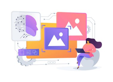 Fotoğraf Düzenleme 'deki yapay zeka soyut konsept vektör çizimi. Bir fotoğrafçı resimleri etkili bir şekilde geliştirmek ve düzenlemek için yapay zeka yazılımı kullanır. soyut metafor.