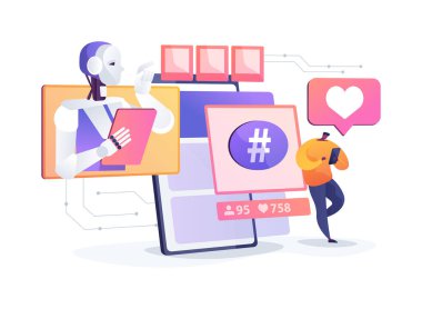 Al Content Recommendation soyut konsept vektör çizimi. Bir kullanıcı yapay zeka kullanan bir platformdan kişiselleştirilmiş içerik önerileri alır. soyut metafor.