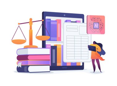 Avukatlar için Al Doküman Analizi soyut konsept vektör illüstrasyonu. Bir avukat, büyük miktarda yasal belgeyi çabucak analiz etmek için yapay zeka araçları kullanır. soyut metafor.
