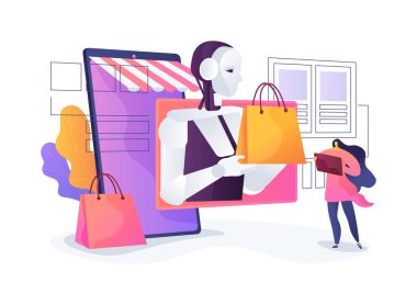 AI Sanal Alışveriş Asistanı soyut konsept vektör çizimi. Müşteri, yapay zeka sanal asistanını ürünleri bulmak ve kişisel alışveriş almak için kullanır. soyut metafor.