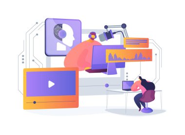 AI Voice Klonlama in Media soyut konsept vektör çizimi. Bir ses mühendisi film ve animasyonlarda seslendirme yapmak için yapay zeka kullanır. soyut metafor.