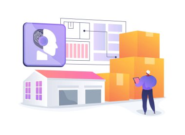 AI Depo Envanter Yönetimi soyut konsept vektör çizimi. Depo yöneticileri, hisse senedi seviyelerini izlemek ve depolama alanını optimize etmek için yapay zeka uyguluyorlar. soyut metafor.