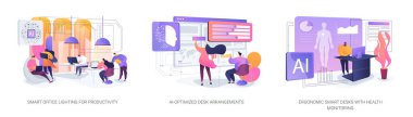 AI ve Smart Tech 'in çalışma alanlarını geliştirmesi soyut konsept vektör illüstrasyon seti. Uyarlanabilir ışıklandırma, yapay zekayla optimize edilmiş ofis düzeni, sensör donanımlı verimlilik için ergonomik masalar. soyut metafor.