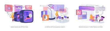 Modern Çalışma Alanları için Al-Powered Solutions soyut konsept vektör çizimi. Gürültü önleyici ofis kapsülleri, otonom temizlik robotları, akıllı hava kalitesi sensörleri. soyut metafor.