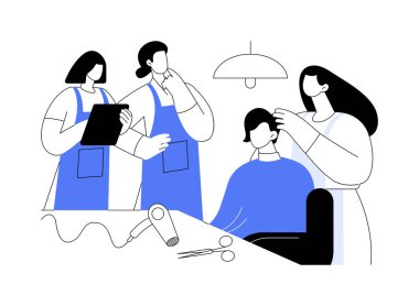 Kuaför atölyesi karikatür vektör çizimlerini izole etti. Profesyonel kuaför öğrencileri için ana sınıfı yönetiyor, kuaför eğitimi, hizmet sektörü, güzellik endüstrisi vektör karikatürü.