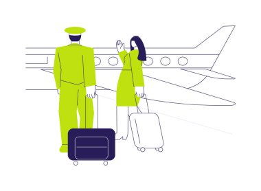 Uçak mürettebatı soyut konsept vektör çizimi. Pilot ve uçuş görevlisi uçağa bavullarla, hosteslik işi, hava yolu ulaşımı, ticari hava taşımacılığı soyut metaforu.