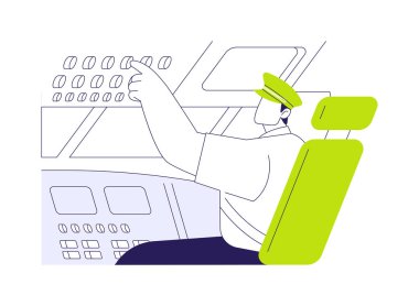 İzlenen irtifa soyut konsept vektör çizimi. Pilot uçuş sırasında kokpitte, kaptan kabinde güvenliği, havayolu ulaşımını, ticari hava taşımacılığı metaforunu kontrol ediyor..