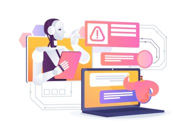 Yapay zeka otomatikleştirilmiş ılımlılık soyut konsept vektör çizimi. Çevrimiçi forumlar, spam ve saldırgan içeriği otomatik olarak filtrelemek için yapay zeka kullanır. soyut metafor.