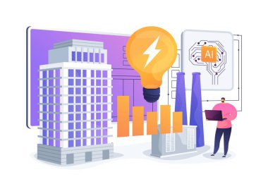 AI Smart Grid Enerji Yönetimi soyut konsept vektör çizimi. Elektrik şirketleri elektrik arzı ve talebi dinamik bir şekilde dengelemek için yapay zeka kullanır. soyut metafor.