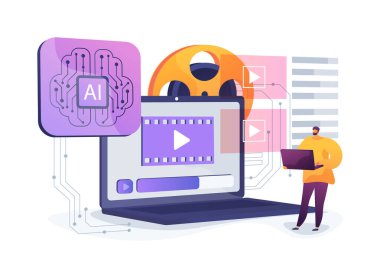AI Otomatik Video Düzenleme soyut konsept vektör çizimi. Videograflar düzenleme görevlerini otomatikleştirmek ve yaratıcı geçişler önermek için yapay zeka yazılımı kullanırlar. soyut metafor.