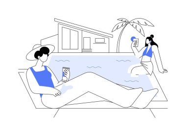 İzole edilmiş güneş kremi vektör çizimleri uygula. Havuz kenarında oturan ve güneş kremi süren genç kız, insanların yaşam tarzı, tatil günleri, ultraviyole koruma, mutlu tatiller vektör karikatürü.