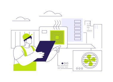 HVAC teftişi soyut konsept vektör çizimi. HVAC müfettişi, ticari inşaat, tiraj ve havalandırma sistemlerindeki ısıtma ve soğutma sistemlerini kontrol ediyor..