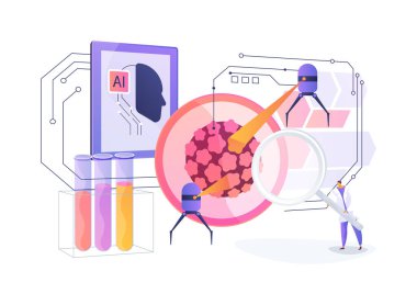 Hedef Kanser Terapisinde nanoteknoloji soyut konsept vektör çizimi. Nanopartiküller tam olarak kanser hücrelerine ilaç dağıtıyorlar. soyut metafor.