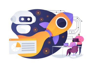 AI-Destekli Uzay Keşfi soyut konsept vektör çizimi. Uzay görevlerinde astronotlara yardım eden yapay zeka destekli robotlar. soyut metafor.