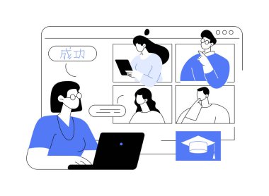 Dil dersleri izole edilmiş çizgi film vektör çizimleri. Ders verirken dizüstü bilgisayar, yabancı dil eğitimi, çevrimiçi eğitim, öğrenci vektör karikatürü ile video konferansı.