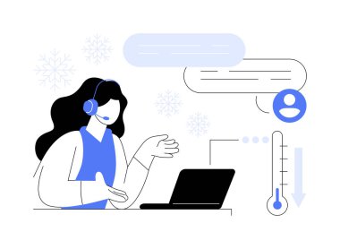 Soğuk karikatür vektör çizimleri. Gülümseyen çağrı merkezi çalışanı müşteriyle konuşuyor, profesyonel müşteri destek servisi, müşteri şikayetleri, bilgi vektörü karikatürü veriyor.