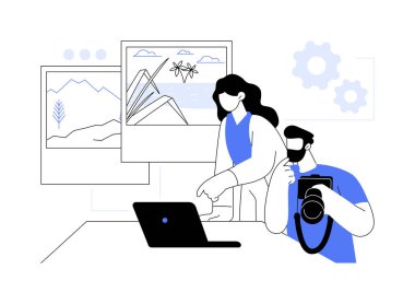 İzole edilmiş karikatür vektör çizimlerini seçin. Prodüksiyon çalışanları çekim yerini tartışıyor, içerik oluşturma, pazarlama ajansı, marka tanıtım vektör karikatürü.