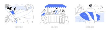 Plaj aktiviteleri izole edilmiş karikatür vektör çizimleri. Genç kadın güneş gözlükleri hamakta yatıyor, lüks bir tatil köyünde, mutlu adam plaj barında bira içiyor, deniz vektörü çizgi filminde kaykay yapıyor..