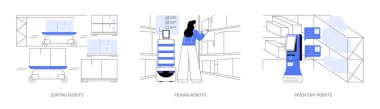 Özerk mobil robotlar karikatür vektör çizimleri seti. Otomatik mobil paket sıralama, akıllı depo, kobot toplama, robot ürün taraması, envanter yönetim karikatürü.