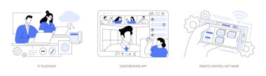 Takım çalışması teknolojileri izole edilmiş karikatür vektör çizimleri. IP telefonu, İnternet Protokolü üzerinden ses, video konferans uygulaması kullanan çeşitli insanlar, uzaktan kumandalı yazılım vektörü karikatürü.