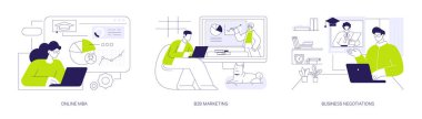 Çevrimiçi iş kursları izole edilmiş karikatür vektör çizimleri ayarlandı. Çevrimiçi MBA, B2B pazarlama çevrimiçi diploma, iş görüşmeleri ve liderlik programları, uzaklık öğrenme vektör karikatürü.