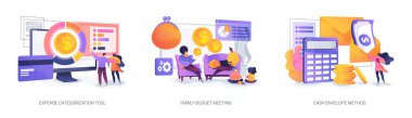 Bütçe ve Gider Yönetimi Araçları soyut konsept vektör illüstrasyonu seti. Masrafları sınıflandırma yazılımı, ev bütçesi planlama oturumu ve gider yönetim sistemi. soyut metafor.