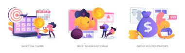 Tasarruf Hedefleri ve Bütçe Stratejileri soyut konsept vektör çizimi. Tasarruf hedefleyicisi, pratik ipuçları içeren bütçe semineri, harcamaları akıllıca azaltmak için teknikler.