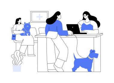 Veteriner kliniği resepsiyonu karikatür vektör çizimlerini izole etti. Veteriner kliniği yöneticisi müşterileri karşılıyor, bekleme salonunda evcil hayvanları olan insanlar, kamu hizmeti sektörü vektör karikatürü.