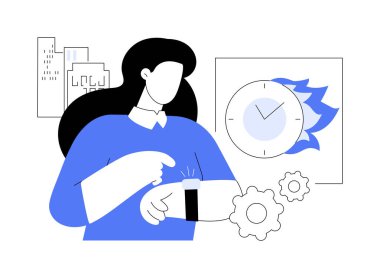 Her zaman geç kalmak izole edilmiş çizgi film çizimleri. Genç kız geç kalıyor, saate bakıyor, kötü alışkanlık, zaman yönetimi sorunu, ortak program sorunları, organizasyon vektör karikatürü eksikliği.