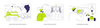 Tarımda robotik izole edilmiş çizgi film çizimleri ayarlandı. Robotları hasat edip toplamak, ot kontrol robotları, otonom tohumlama, akıllı çiftçilik, modern tarım endüstrisi karikatürü.