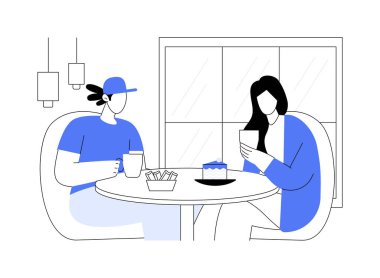 Kahve molası, karikatür vektör çizimleri. Genç bir çift yerel bir kafede kahve içiyor ve konuşuyor, birlikte seyahat ediyor, insanların yaşam tarzı, şehir gezisi, kültürel deneyim vektör karikatürü.